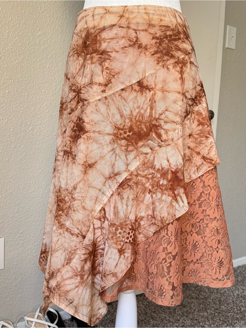 Brown Tie-Dye Boho Lace Asymmetrical  Western Women’s Small Midi Skirt